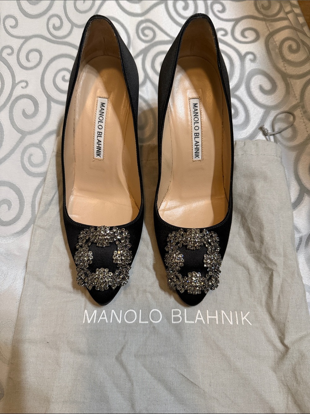 Manolo Blahnik Black Satin Pumps with Crystal Buckle